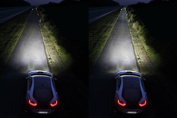 左:LED远光灯，右:激光远光灯
